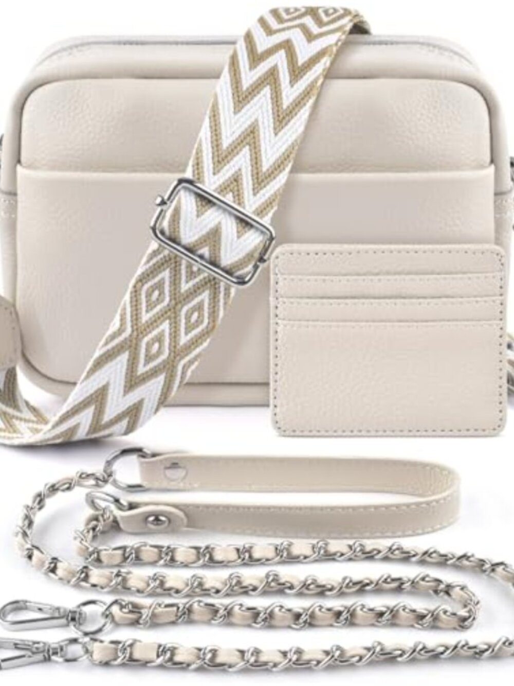 Vegan Leather Crossbody Bag with Wide & Chain Straps and 3-Slot Card Holder